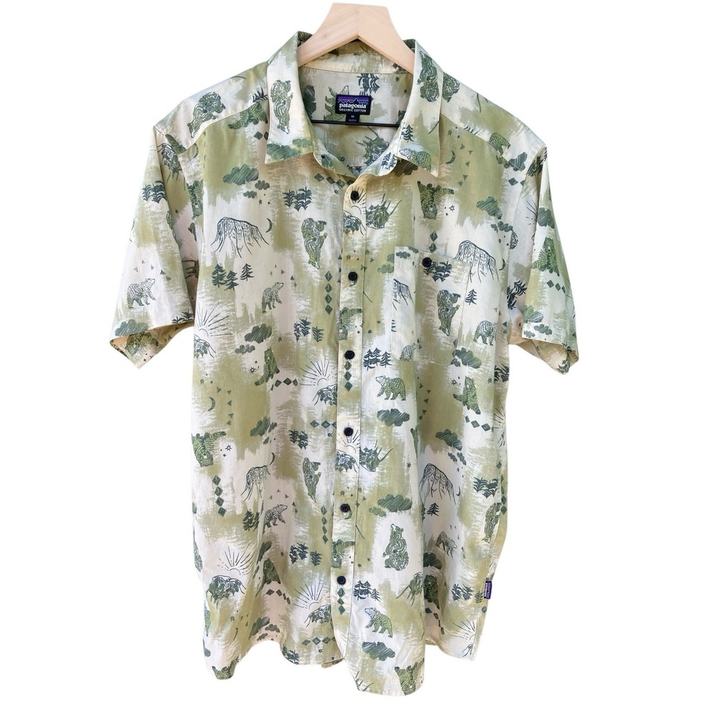 Patagonia‎ Go-To Shirt XL Green Bear Mountain Moon Forest Organic Cotton 52691